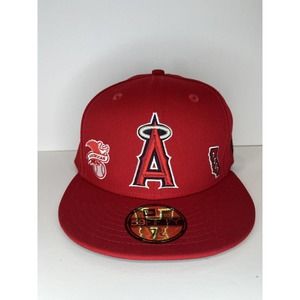 Los Angeles Angels New Era Hat 59Fifty Fitted 7 3/8 Red Hat “3 Patch” Cap NWT